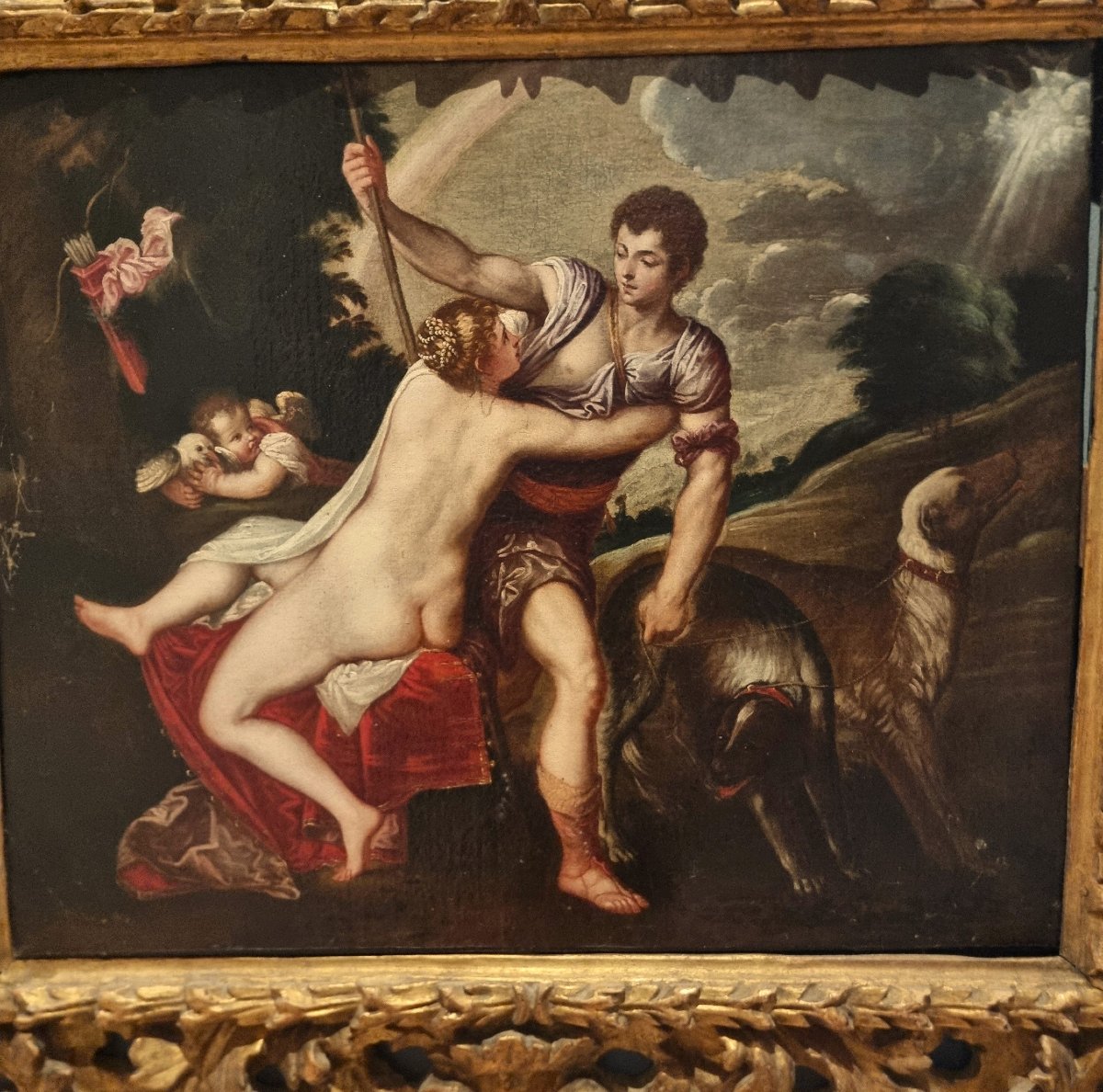 Huile sur toile du XVIIe siècle Vénus et Adonis Padovanino 1588-1649 d'après Titien-photo-2