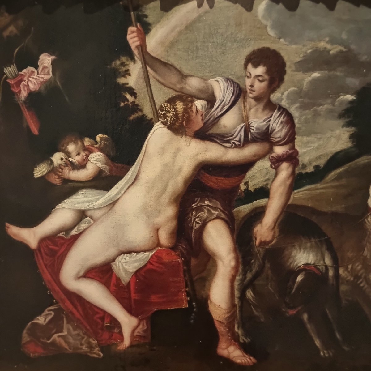 Huile sur toile du XVIIe siècle Vénus et Adonis Padovanino 1588-1649 d'après Titien-photo-1