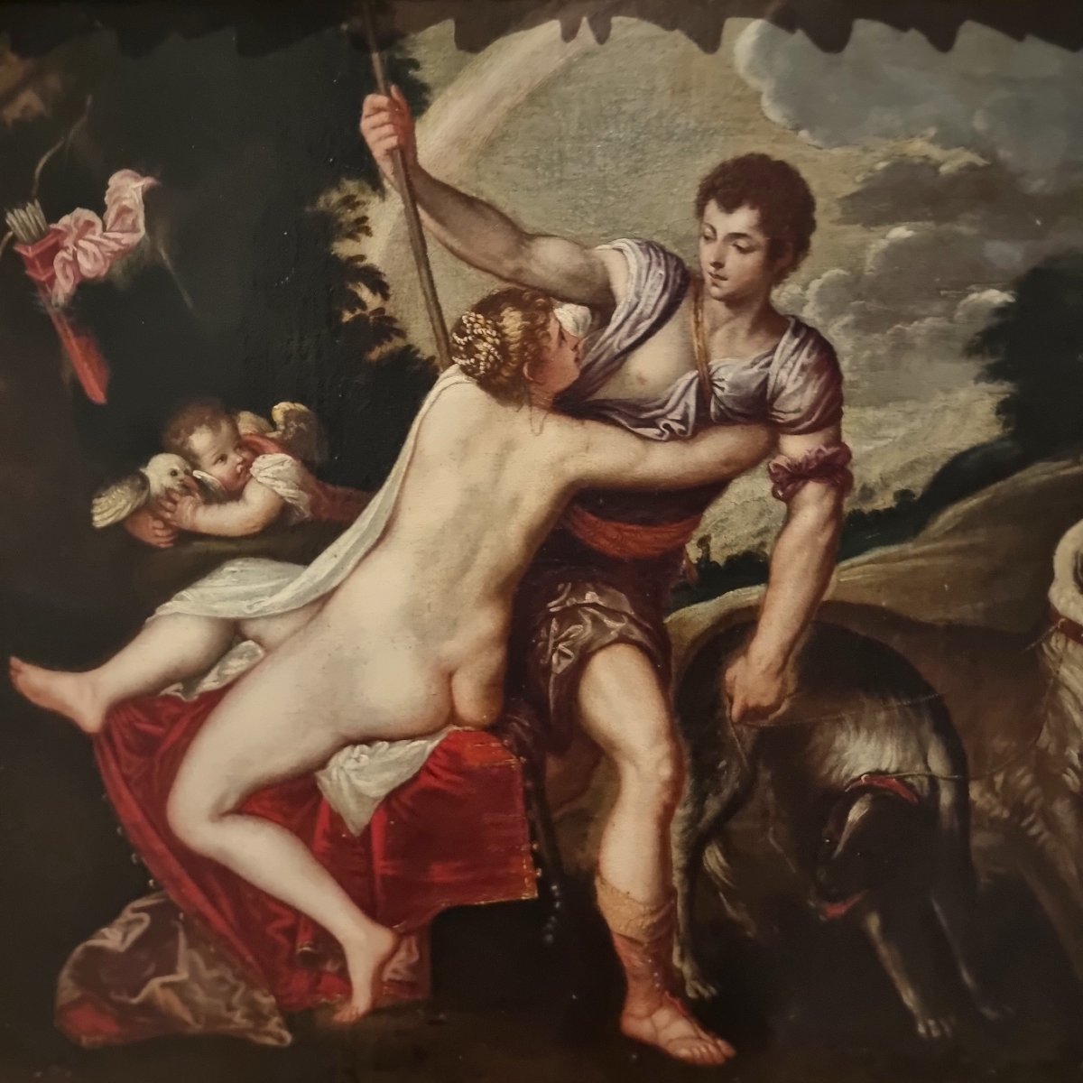 Huile sur toile du XVIIe siècle Vénus et Adonis Padovanino 1588-1649 d'après Titien-photo-6