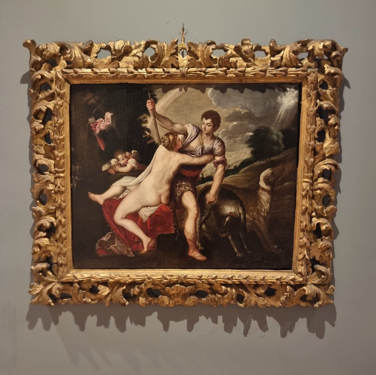 Huile sur toile du XVIIe siècle Vénus et Adonis Padovanino 1588-1649 d'après Titien