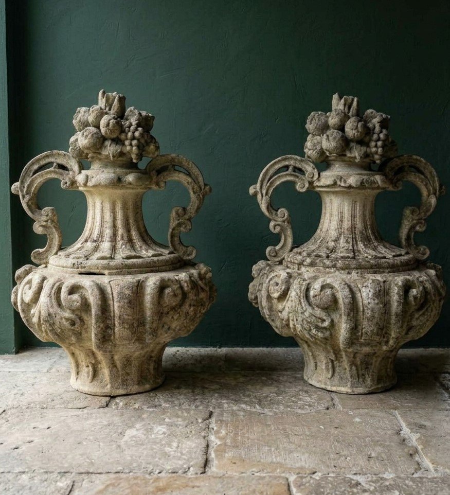 Paire de vases en pierre de Vicence du XIXe siècle provenant d'un palais vénitien