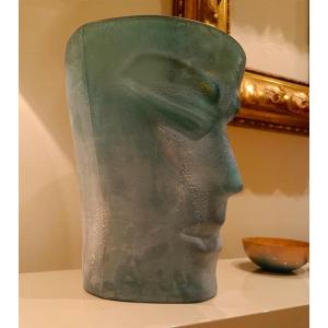 Raffiné Vase Vénitien En Verre Satiné Style Art Deco' Avec Visage d'Homme émeraude
