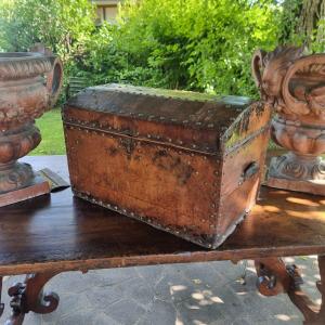  17th Century Carriage Trunk In Leather With Studs