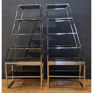 Pair Of Large Vintage Chrome Steel Shelves With Glass Shelves