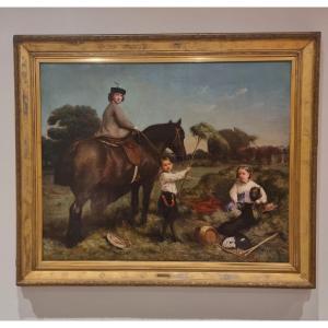 Huile sur toile Paysage avec dame à cheval et enfants de Charles James (1851-1906)
