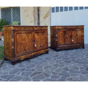 Pair Of Bolognese 1830 Carlo X Buffets In Walnut Burl