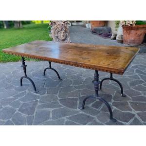 Coffee Table With A 17th-century Walnut Top And Wrought-iron Legs