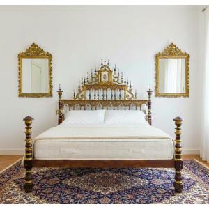 17th-century Walnut Bed With Gilding And A Small Sardinian Altar