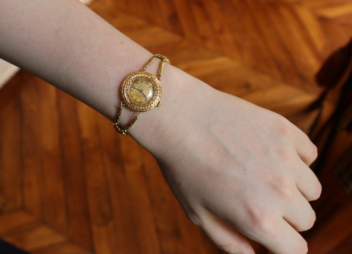 18k Gold Watch Circa 1900 Plant Pattern-photo-4