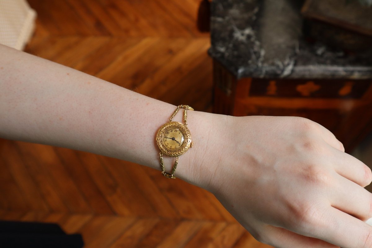 18k Gold Watch Circa 1900 Plant Pattern-photo-1