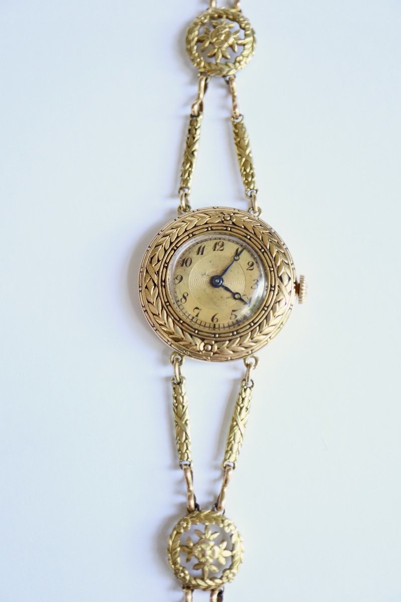 18k Gold Watch Circa 1900 Plant Pattern-photo-6