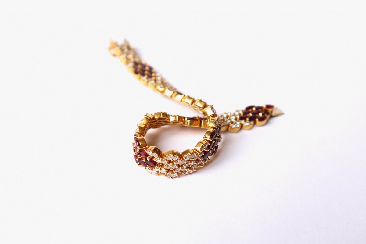 Bracelet Souple En Or Jaune 18 Carats Pavage Rubis Et Diamants Alternés-photo-1