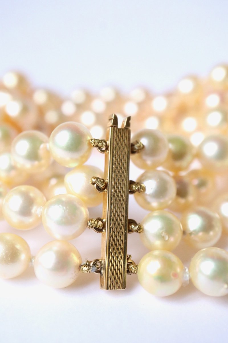 Bracelet Ancien 4 Rangs De Perles Et Or Jaune 18 Kt années 60-photo-2