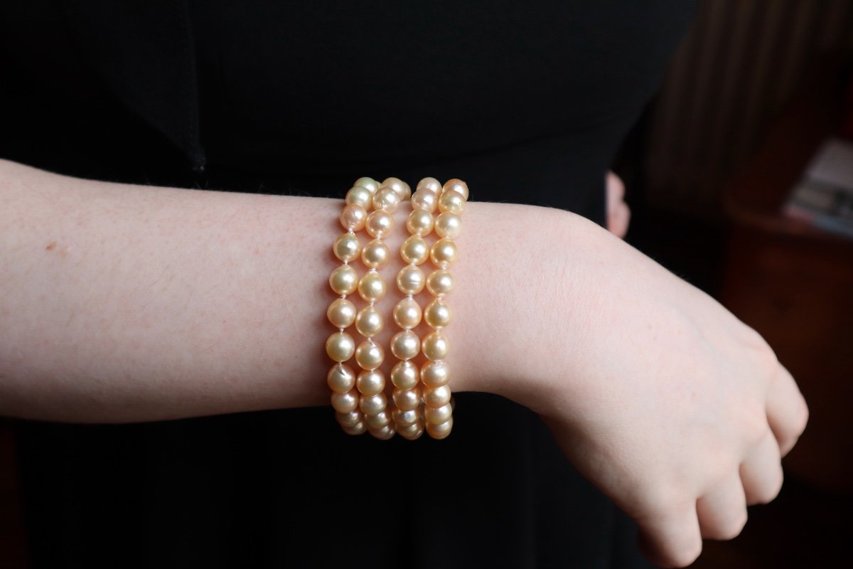 Bracelet Ancien 4 Rangs De Perles Et Or Jaune 18 Kt années 60