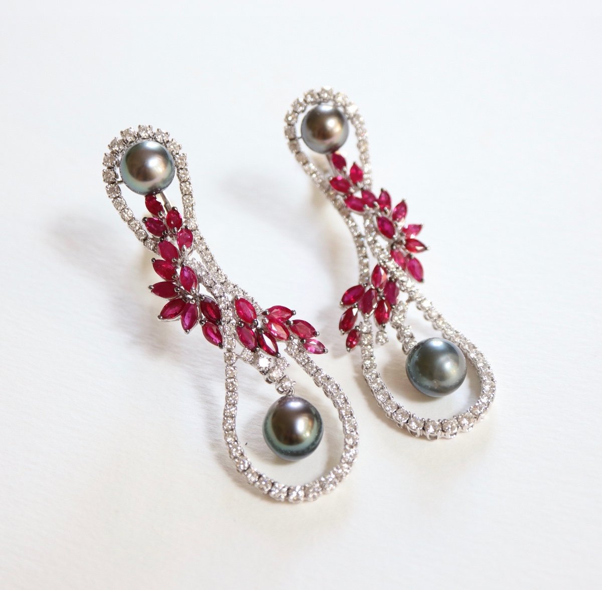 Mouawad White Gold Ruby Diamond Dangling Earrings-photo-2