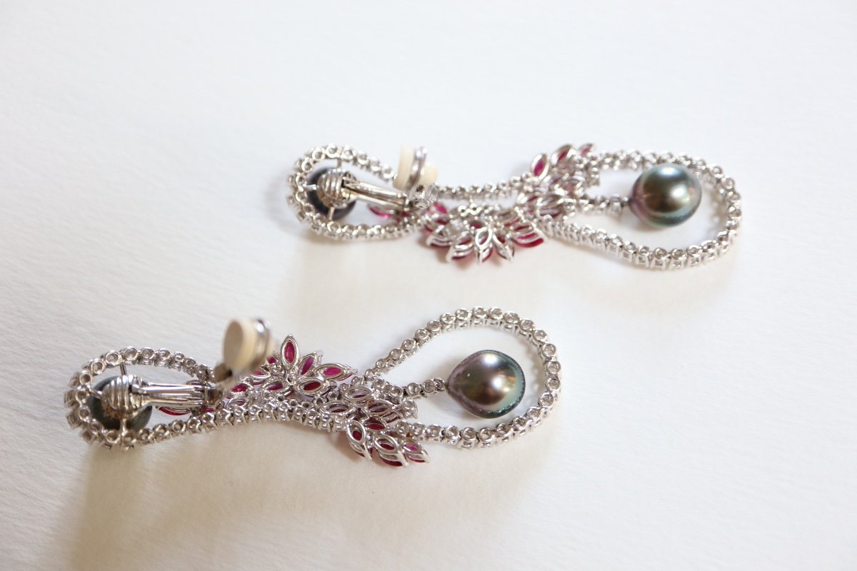 Mouawad White Gold Ruby Diamond Dangling Earrings-photo-4