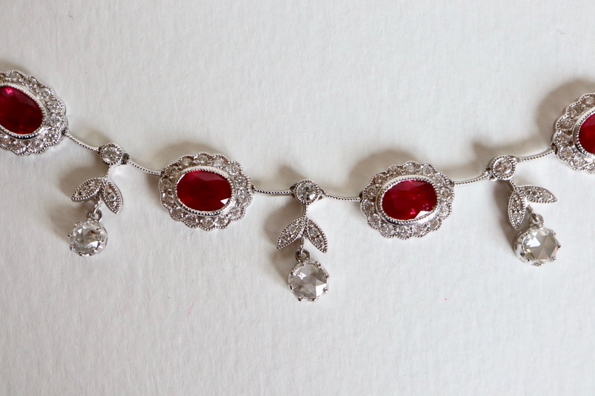 Louis XVI Style Collerette Necklace In 18-karat White Gold, Ruby And Diamonds-photo-2
