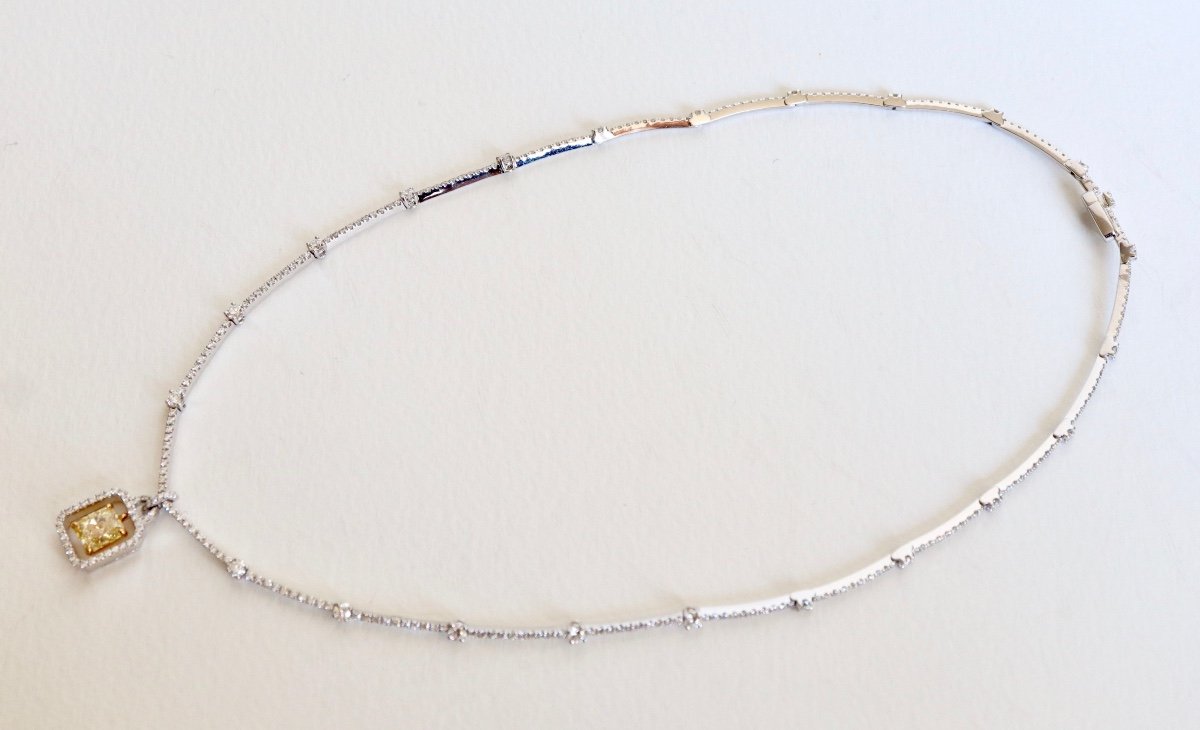 Collier Diamant Coussin Yellow En Or 18 Carats et Platine -photo-2