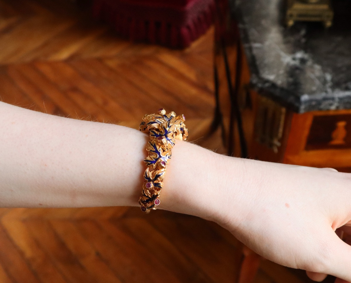Zolotas Bracelet Vers 1960 En Or Diamants Rubis Email-photo-5