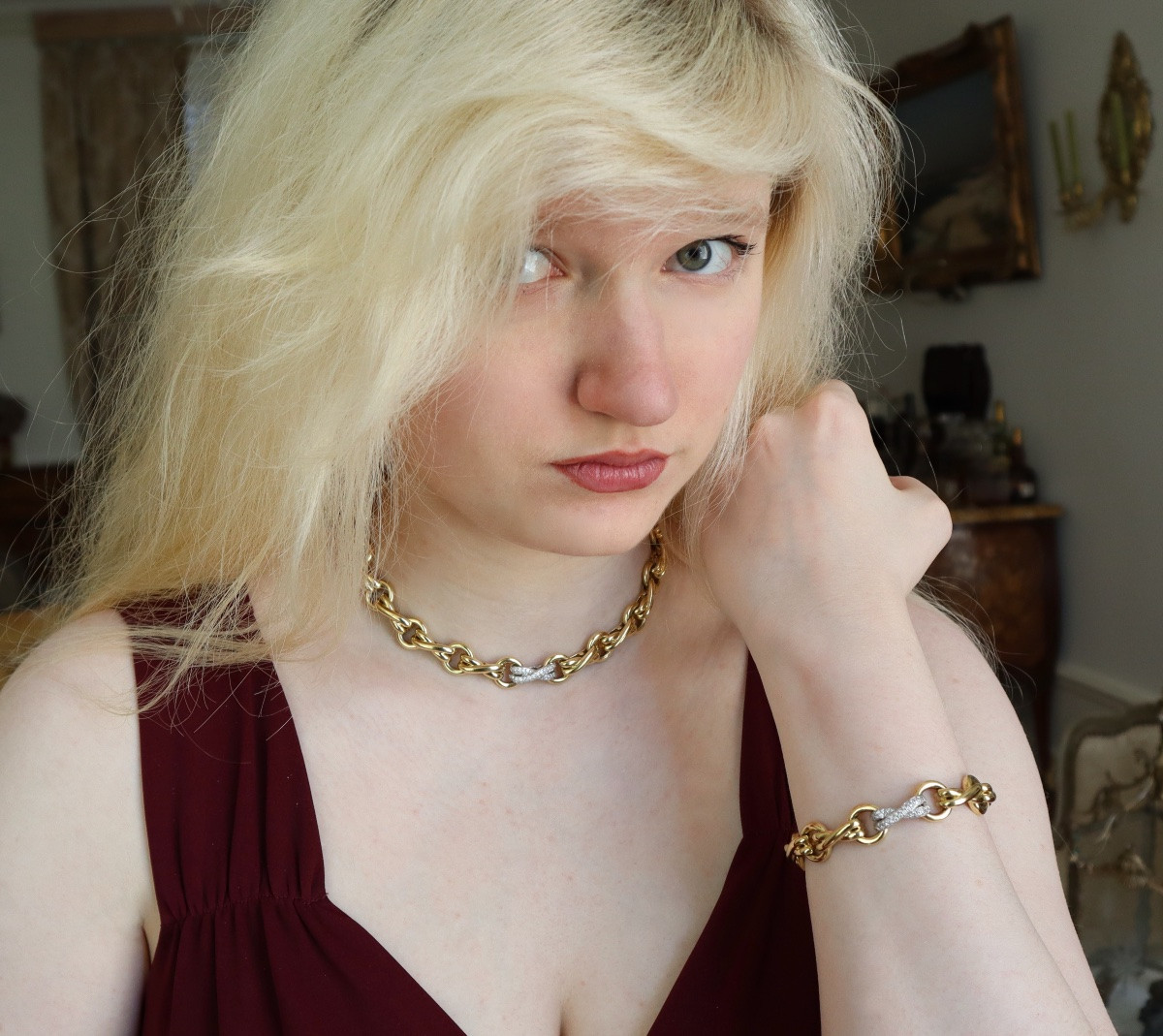 Tiffany's Gold Diamond Necklace Bracelet Set-photo-3