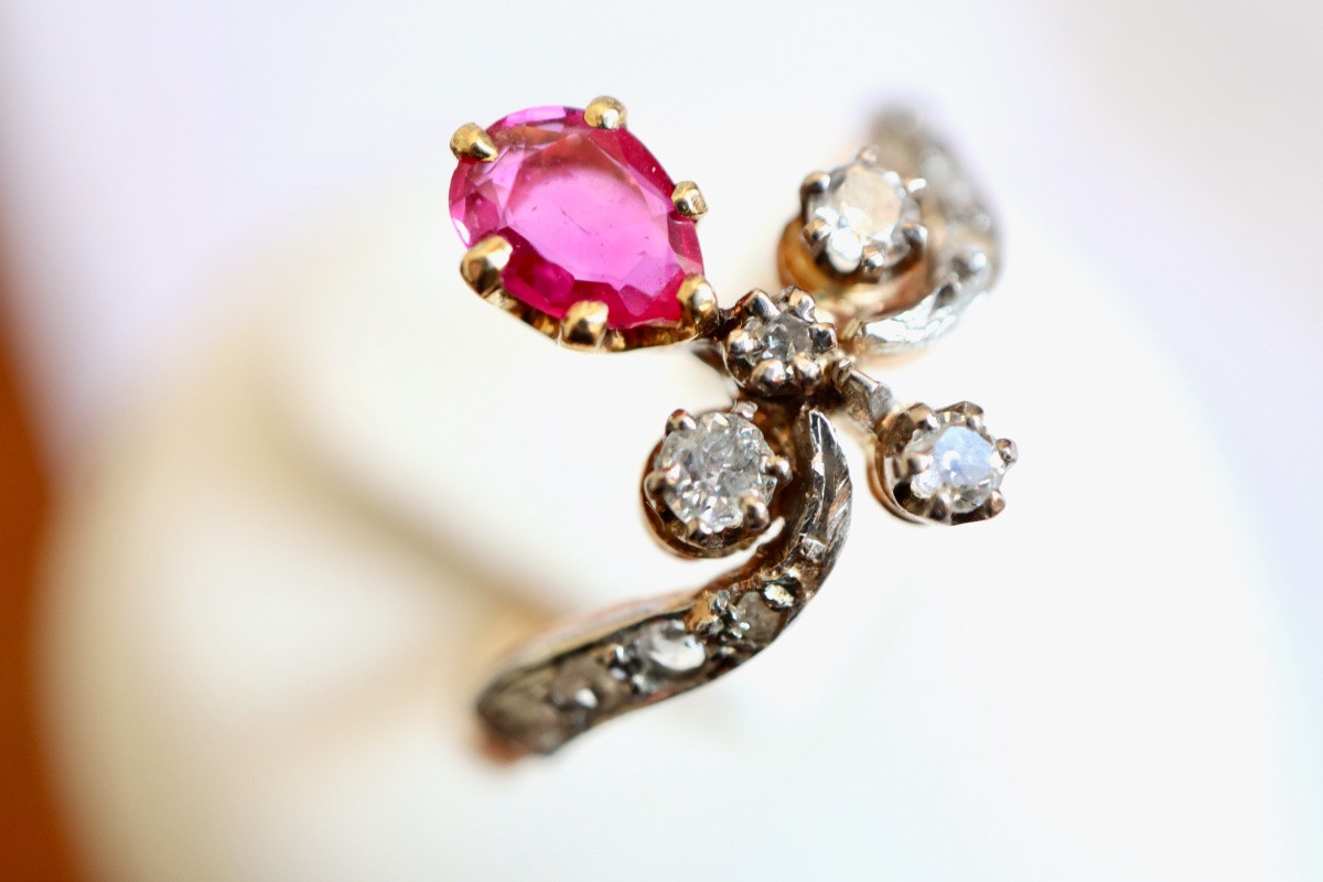 Bague Duchesse or diamants rubis vers 1900 ancienne-photo-5