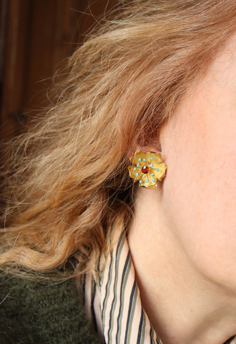 Clips d'oreilles Fleurs or et pierres turquoises citrine madère-photo-3