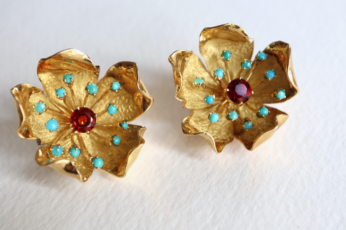 Clips d'oreilles Fleurs or et pierres turquoises citrine madère