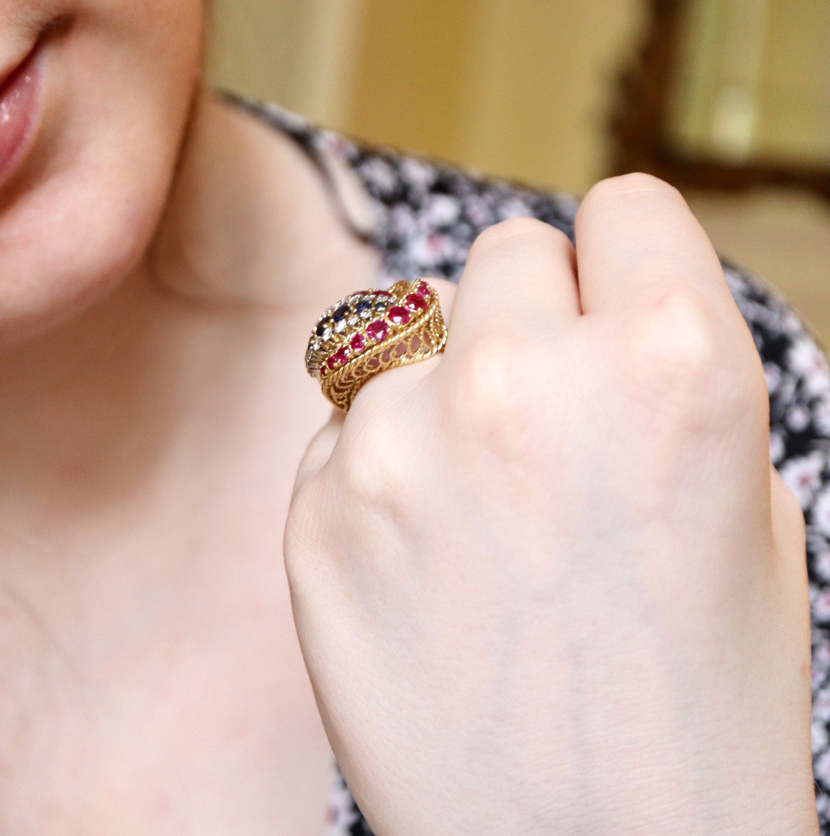 Bague années 1950 en or  saphirs rubis diamants-photo-2
