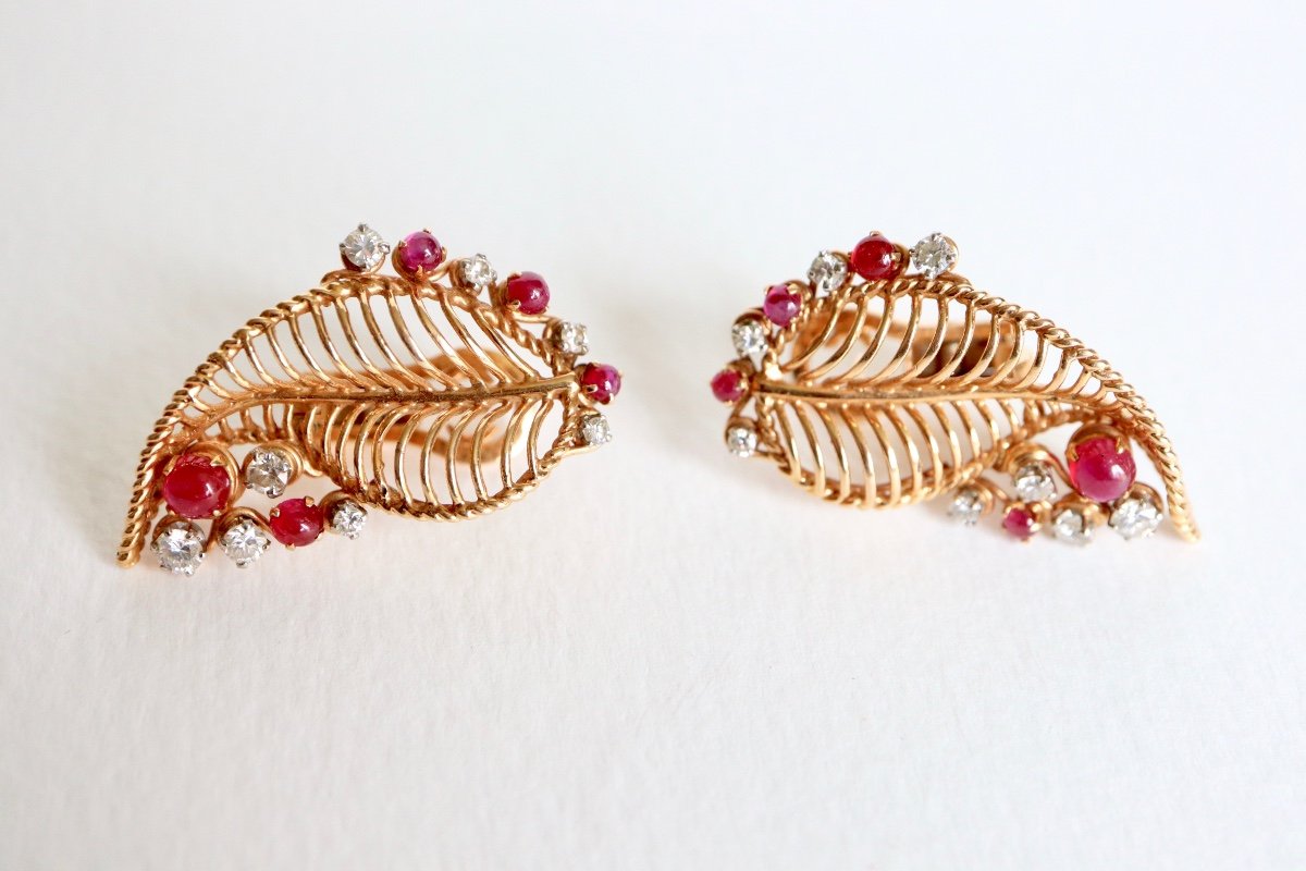 Boucles d'Oreilles Vintage Or 18 Kt Rubis Et Diamants-photo-3