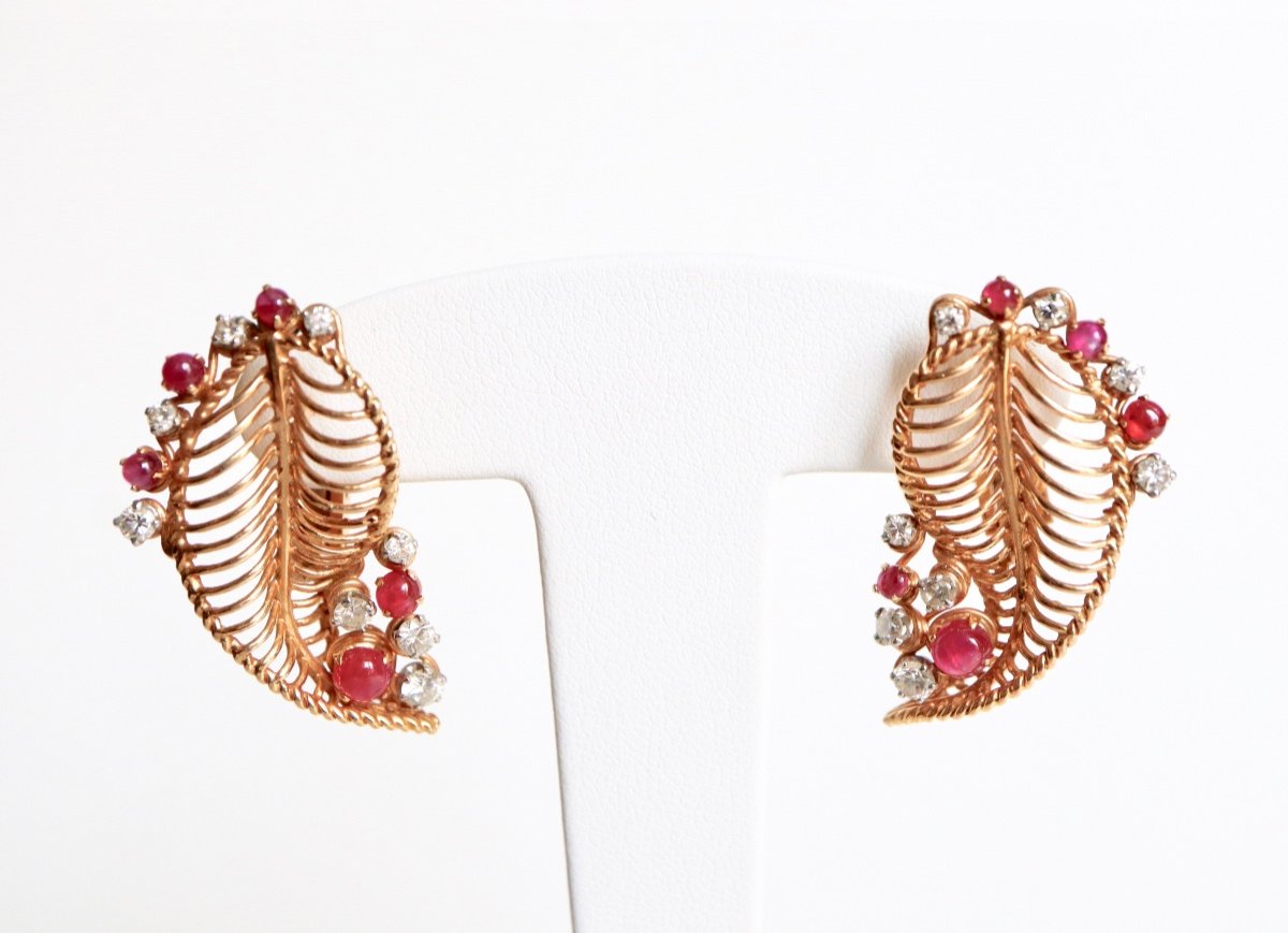 Boucles d'Oreilles Vintage Or 18 Kt Rubis Et Diamants