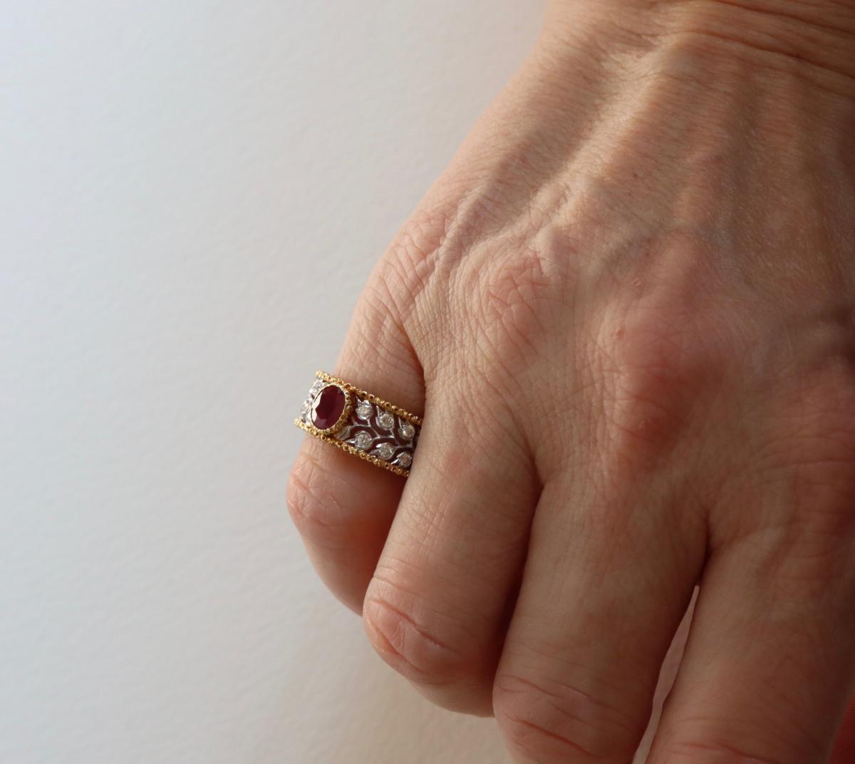 BUCCELLATI Bague Or Jaune, Or Blanc, Rubis Central, Diamants-photo-4