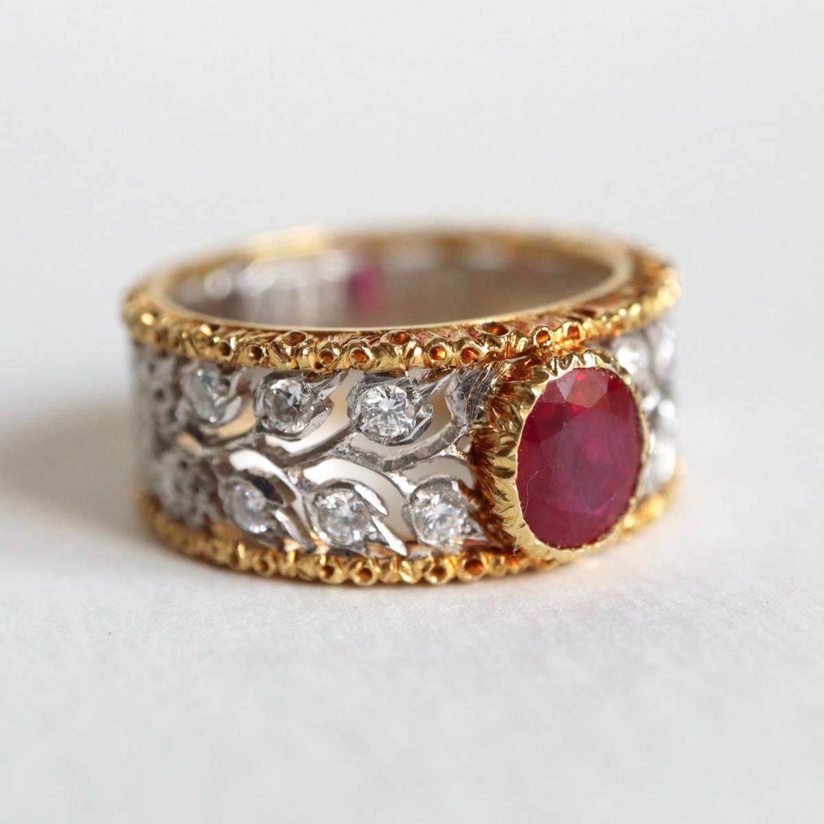 BUCCELLATI Bague Or Jaune, Or Blanc, Rubis Central, Diamants-photo-3