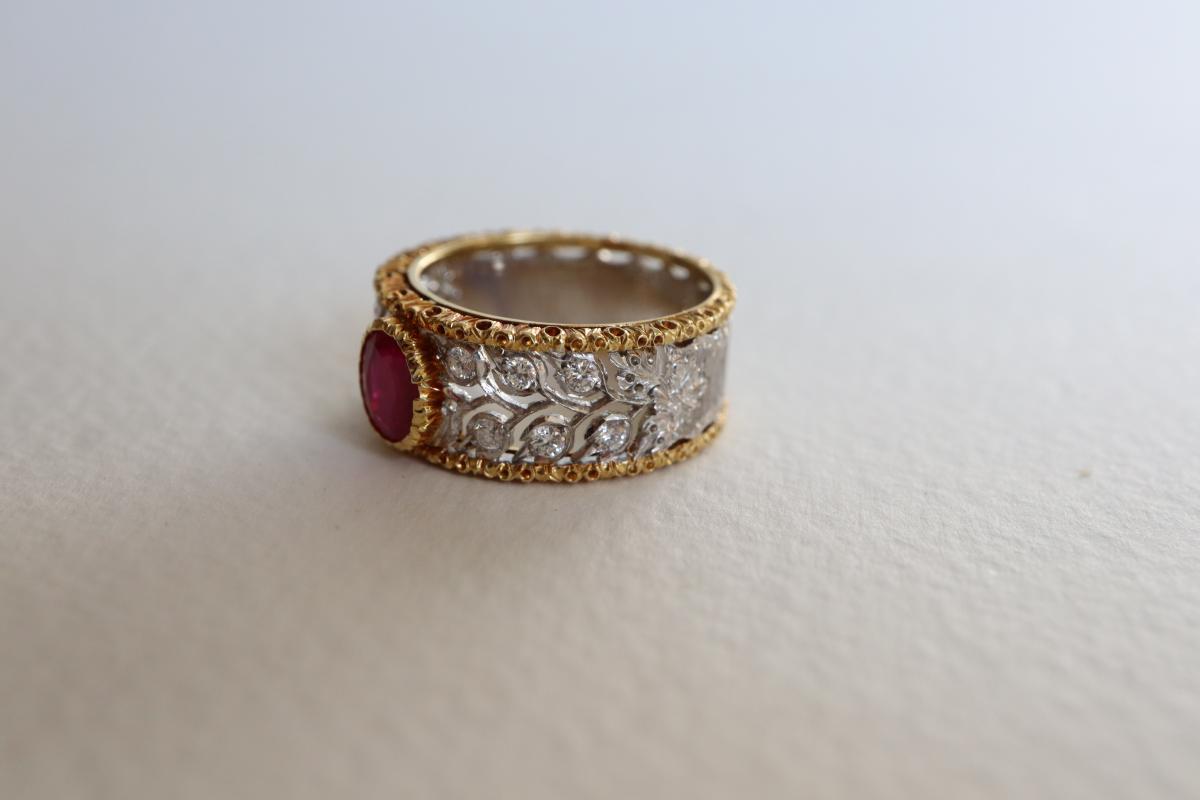 BUCCELLATI Bague Or Jaune, Or Blanc, Rubis Central, Diamants-photo-1