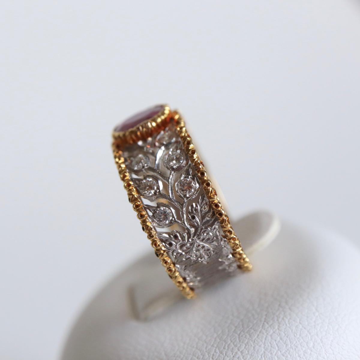 BUCCELLATI Bague Or Jaune, Or Blanc, Rubis Central, Diamants-photo-2