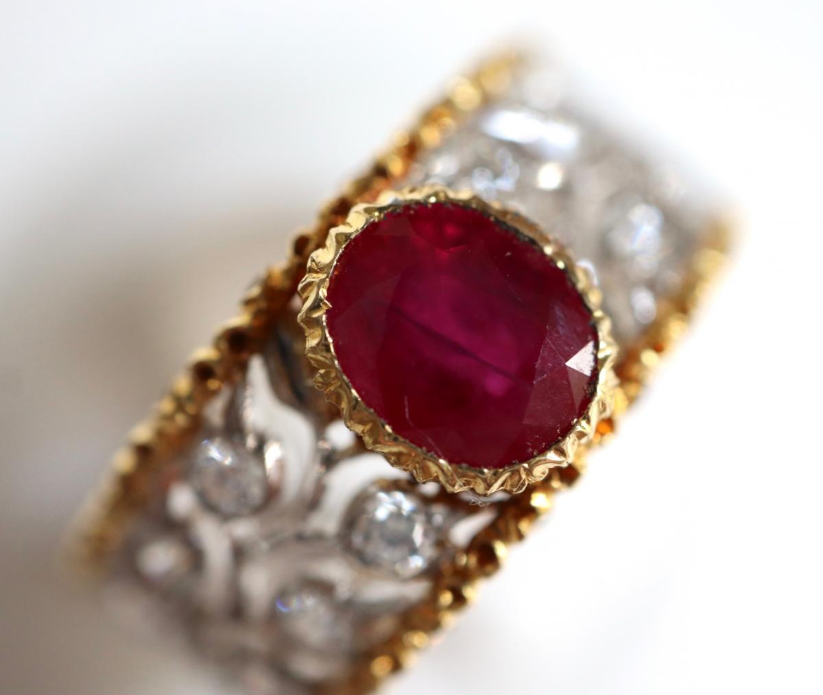 BUCCELLATI Bague Or Jaune, Or Blanc, Rubis Central, Diamants-photo-3