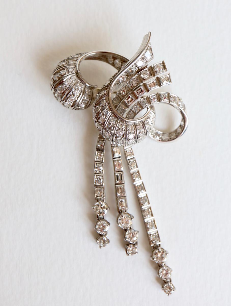 Broche Noeud Vers 1940-1950 Or Blanc 18 Kt Et Diamants-photo-2