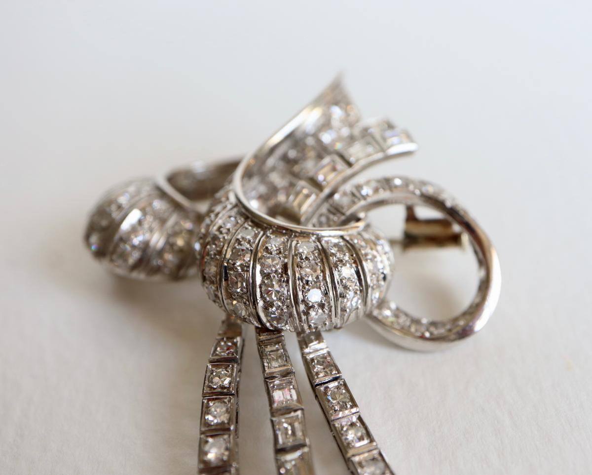 Broche Noeud Vers 1940-1950 Or Blanc 18 Kt Et Diamants-photo-3