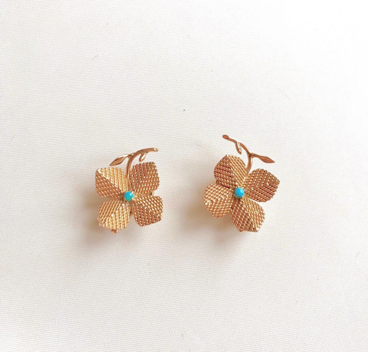 Sterlé Earrings Flower Pattern Yellow Gold And Turquoises-photo-2