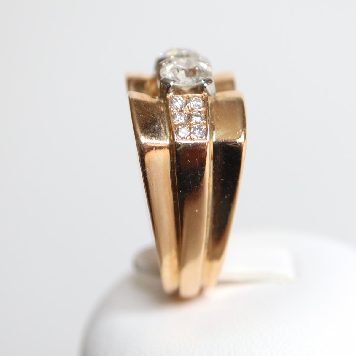 1940 Yellow Gold Signet Ring 18 Carats Model Tank Two Diamonds-photo-2