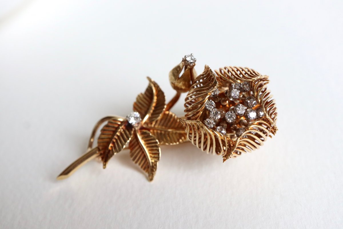 18kt Yellow Gold Flower Brooch Representing A Rose 1960's-photo-2