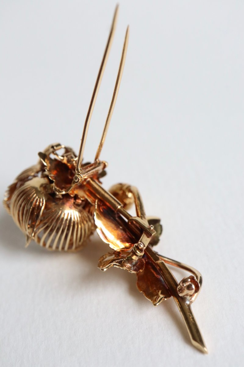 Broche Ancienne Fleur Articulée En Or Jaune 18 Kt Représentant Une Rose années 1960-photo-4