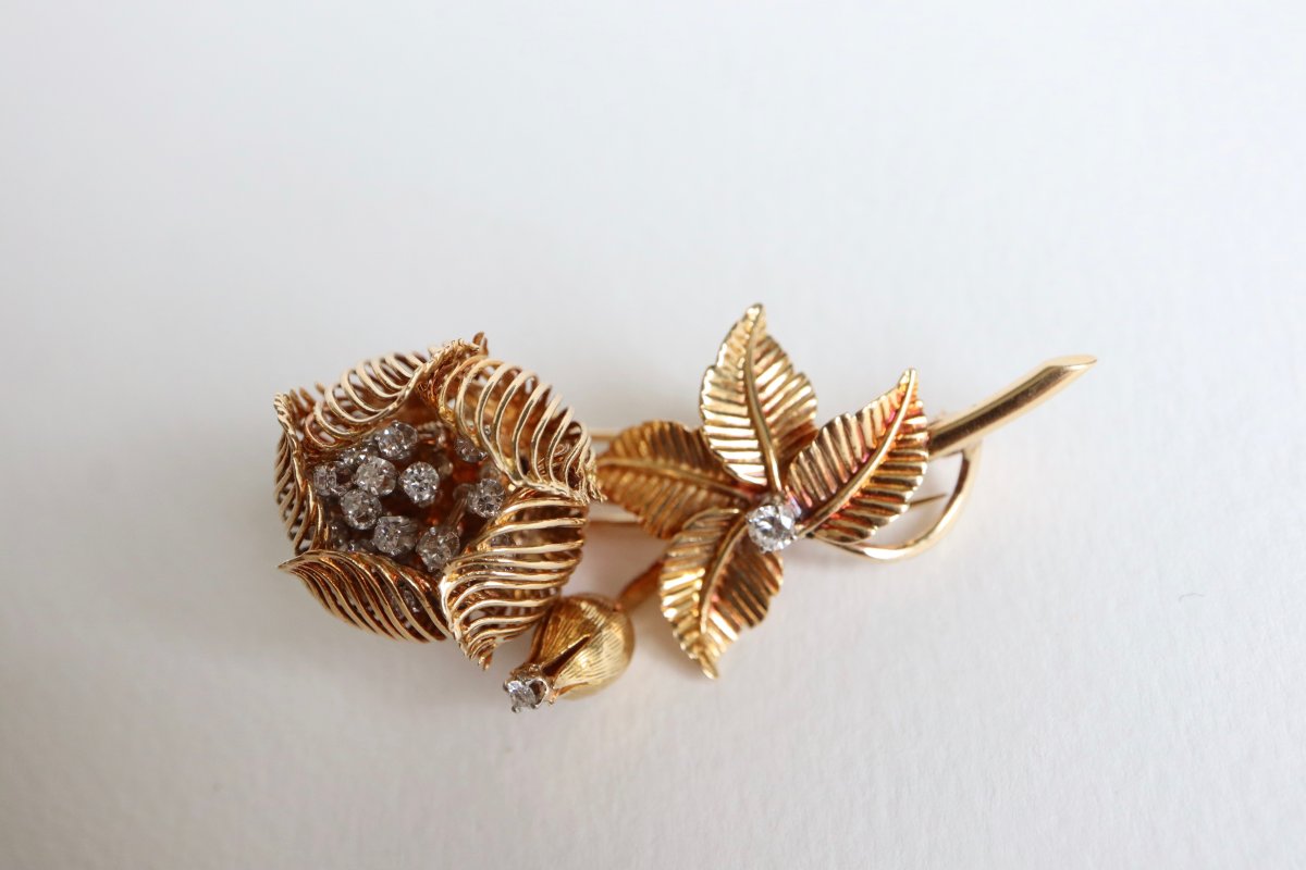 Broche Ancienne Fleur Articulée En Or Jaune 18 Kt Représentant Une Rose années 1960-photo-7