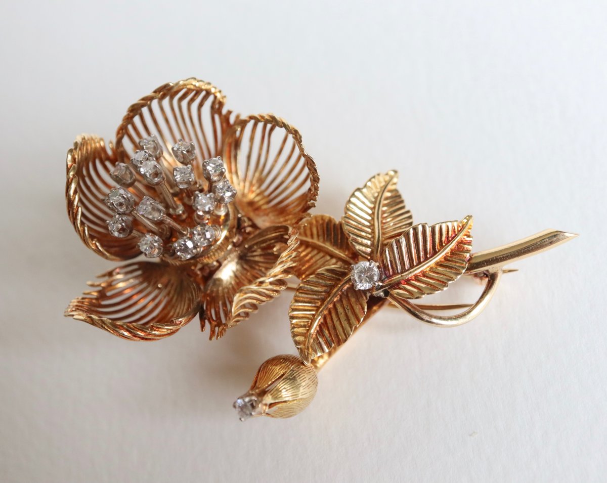 Broche Ancienne Fleur Articulée En Or Jaune 18 Kt Représentant Une Rose années 1960