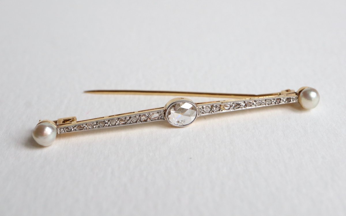 Brooch Barrette Circa 1900 In 18k Yellow Gold And Platinum Diamonds And Pearls