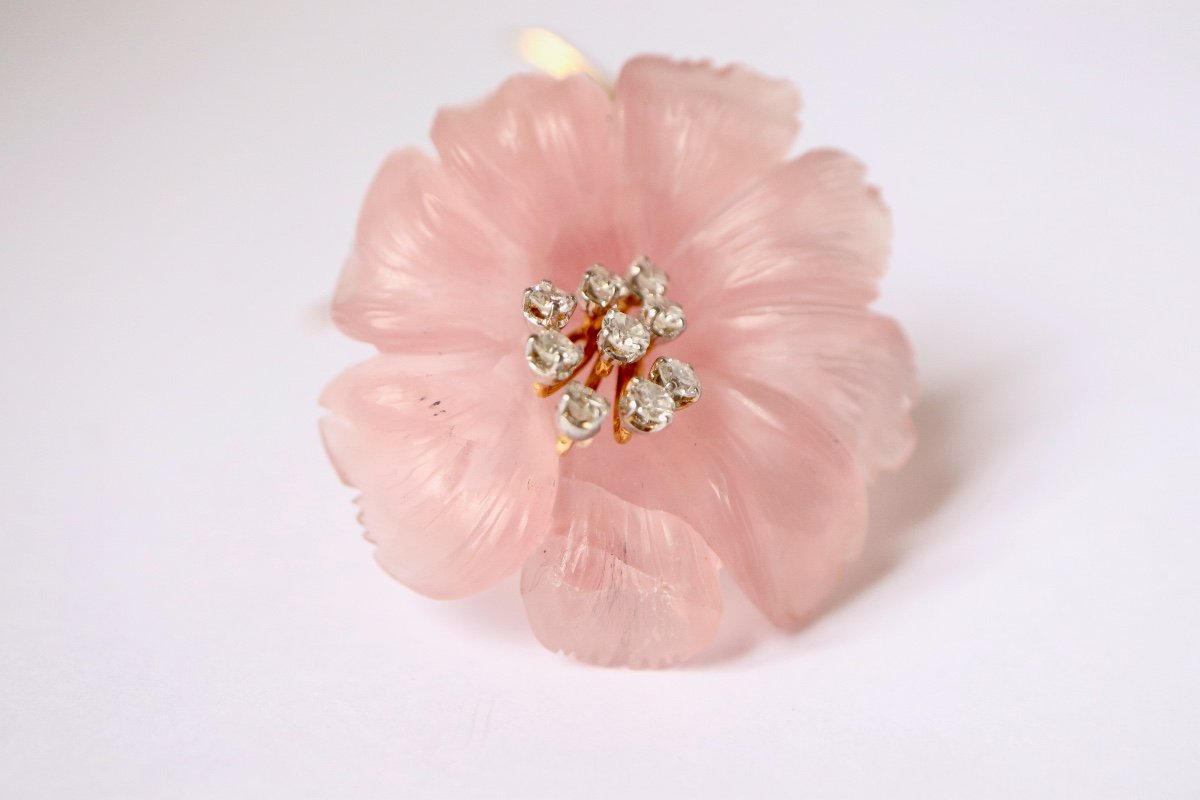 Betettini Liseron Brooch In Rose Quartz, Diamonds And 18 Kt Yellow Gold-photo-2