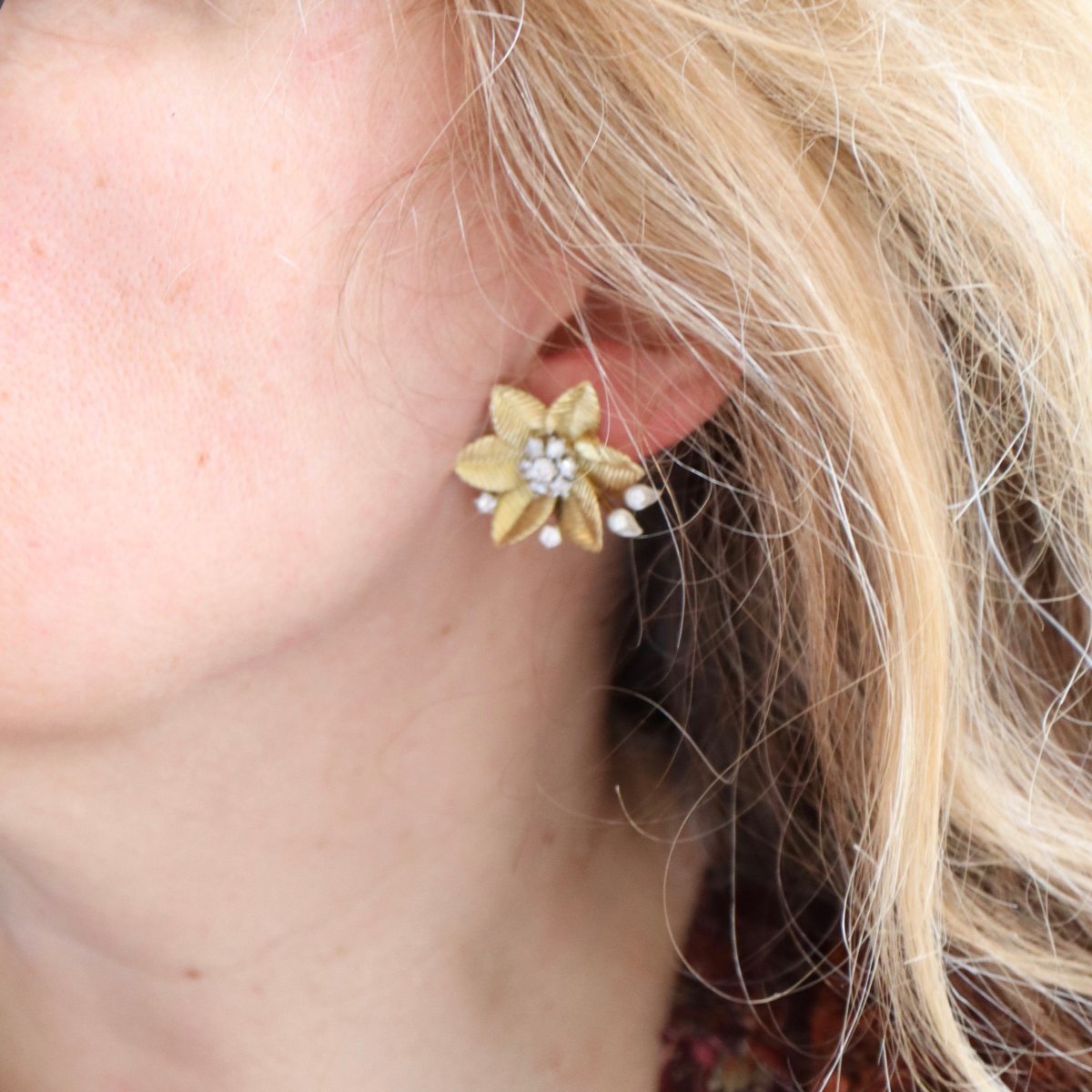 Boucles D’oreilles Clip Motif Fleurs En Or Jaune 18 Kt Et Diamants-photo-4