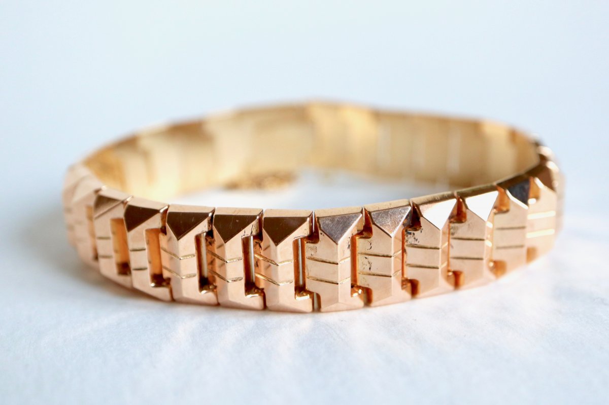 Bracelet Tank Vers 1940 En Or Rose 18 Kt Maillons Articulés-photo-1
