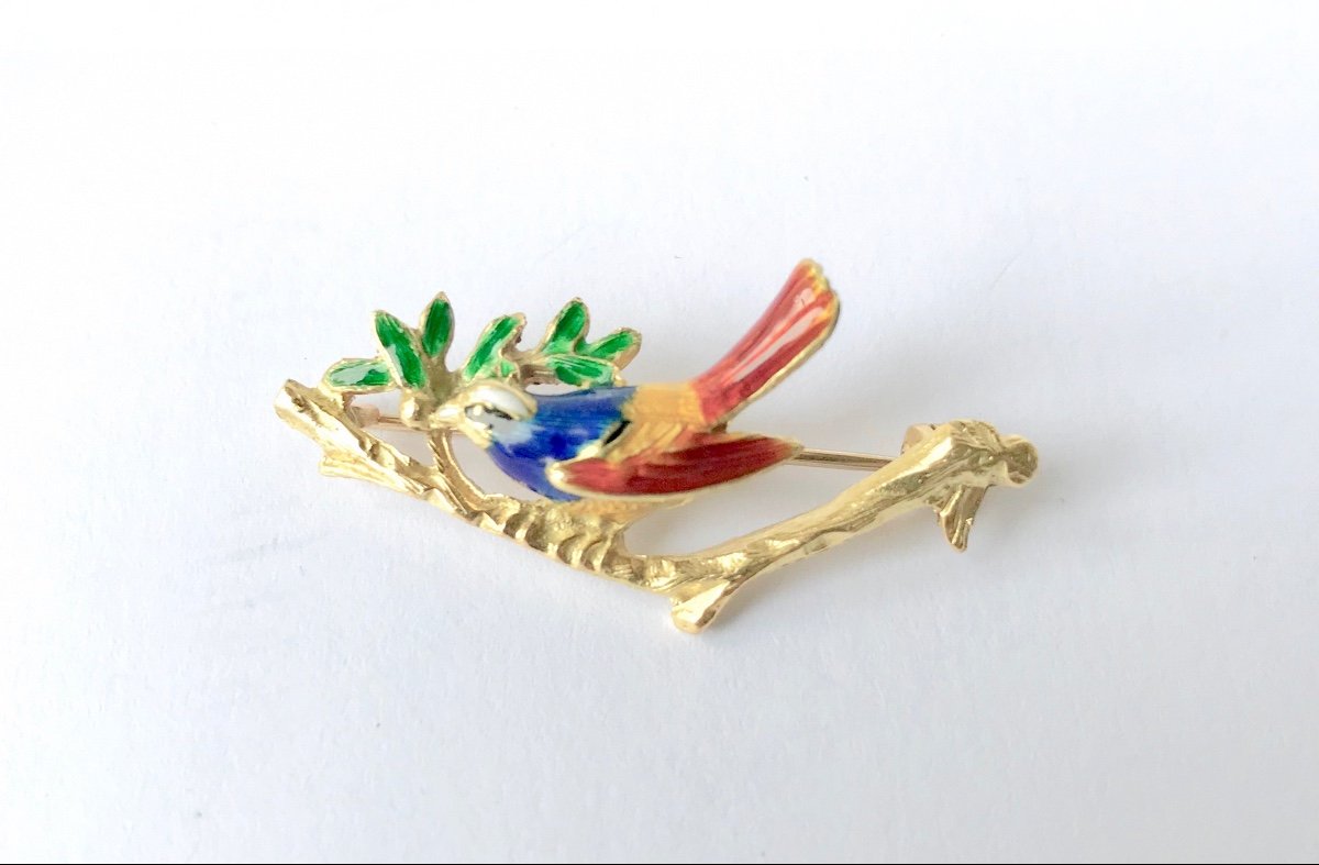 Brooch In 18 Kt Gold Bird On A Branch Enamelled Circa 1960-70-photo-2
