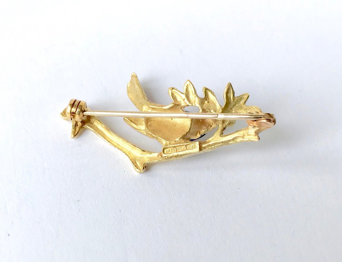 Brooch In 18 Kt Gold Bird On A Branch Enamelled Circa 1960-70-photo-3