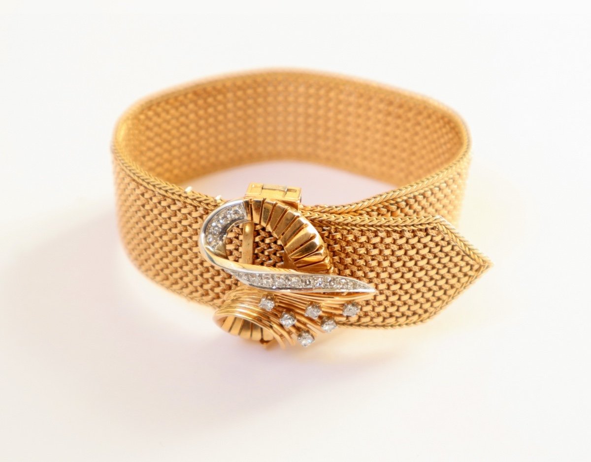 Bracelet ruban Ceinture 1950 Or 18k Et Diamants Bracelet Ancien